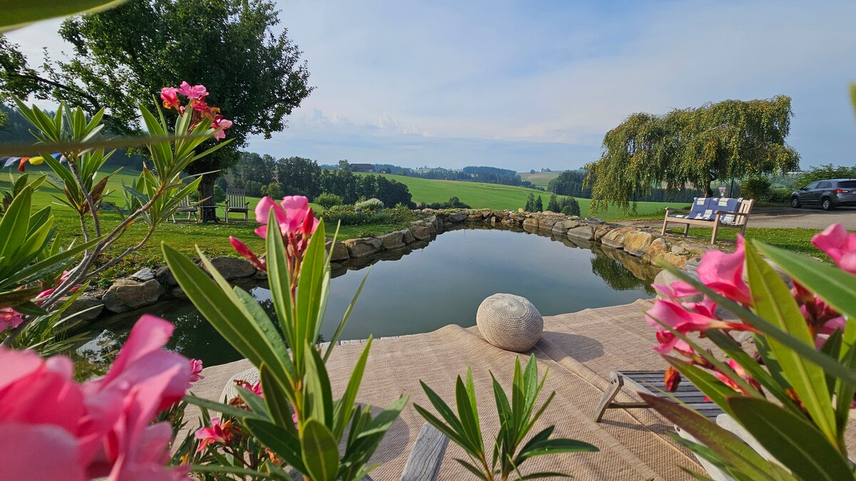 A serene pond is framed by vibrant pink flowers and green foliage, inviting relaxation. Comfortable lounge chairs are positioned along the water's edge, overlooking rolling fields and hills in the distance, under a clear sky.