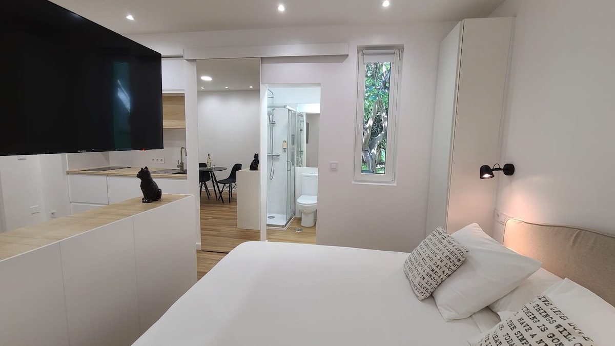 The studio features a comfortable bed with pillows, positioned beside a wall-mounted television. A modern kitchenette with light wooden surfaces is visible, as well as a dining area with four black chairs. A bathroom can be seen through a glass door, and natural light enters through a window.