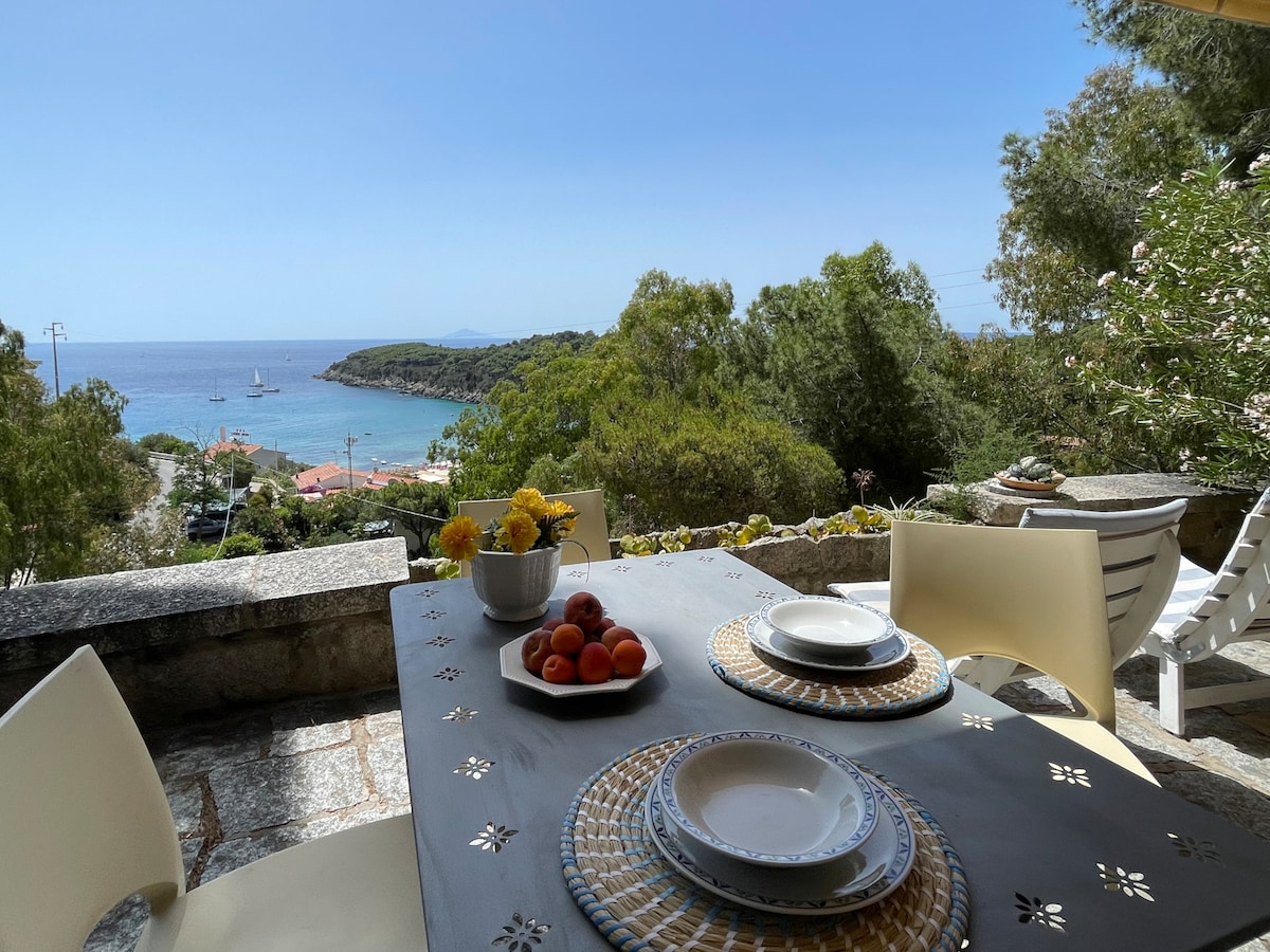 A dining table is set on a stone terrace, featuring plates and woven placemats. A vibrant arrangement of fruit is displayed at the center, with a view of the clear blue sea and distant islands in the background. Lush greenery surrounds the setting, enhancing the coastal ambiance.
