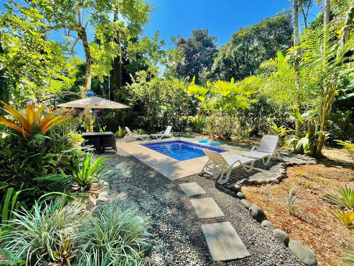 A private swimming pool sits nestled within a lush garden, surrounded by tropical greenery. Sun loungers are positioned beside the pool, shaded by an umbrella. Natural stone pathways lead through the beautifully landscaped area, enhancing the serene outdoor experience.