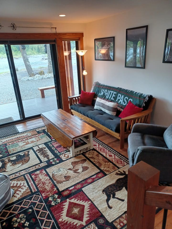 Downstairs living room area. The couch folds into a bed!