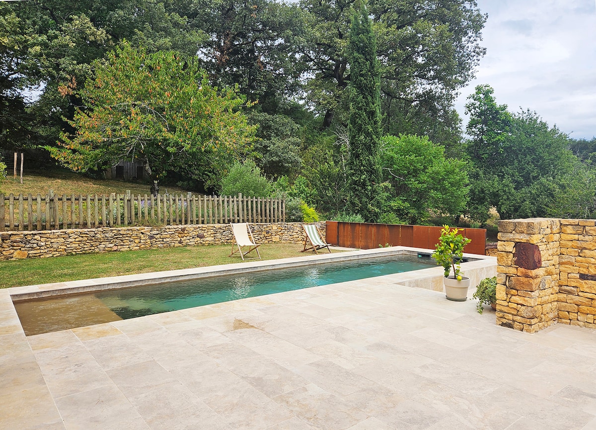 A serene scene showcases a rectangular swimming pool surrounded by beige stone paving. Two lounge chairs are positioned near the water's edge. Lush greenery, including trees and shrubs, frames the space, while a stone wall runs along the background, adding a natural element.