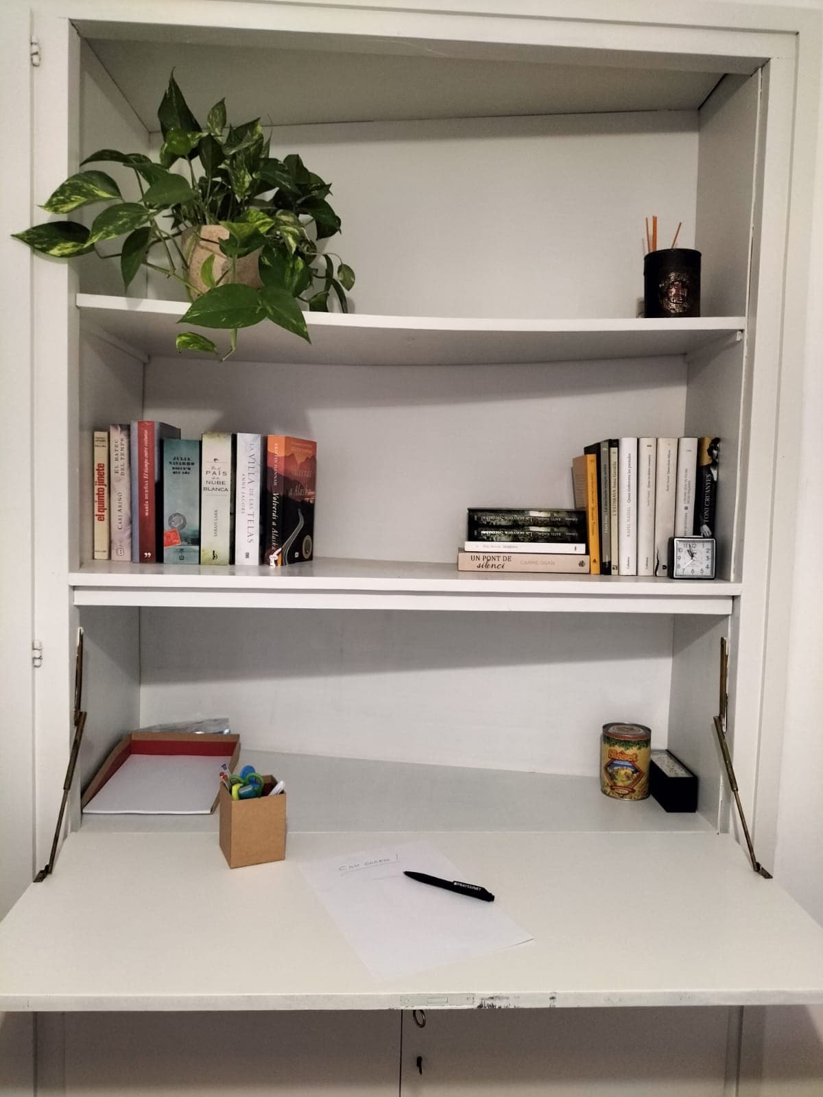 A compact workspace features a fold-down writing area with a sheet of paper and a pen. Above, shelves hold a collection of books and a small potted plant. An organizer with writing utensils and a decorative item is also visible, creating a neat and functional environment.