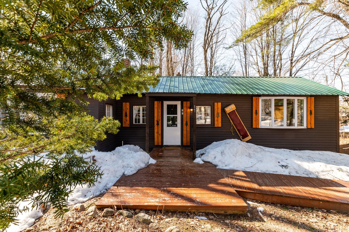 A rustic ski cabin is displayed, showcasing a dark exterior complemented by warm wooden accents. Snow is visible around the entrance, and a sled leans against the side of the cabin. A wooden walkway leads to the front door, framed by evergreen trees.