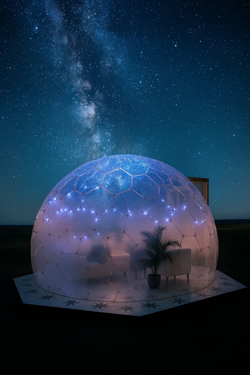 A dome illuminated with soft lights stands under a starry sky, showcasing the Milky Way. The structure features clear panels and a decorative floor, creating a cozy environment for stargazing. Inside, a small table and chair set are arranged next to a potted plant.