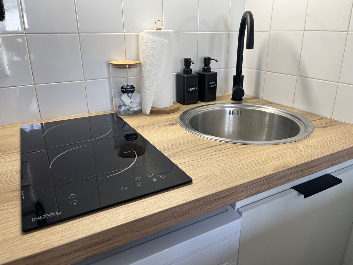 A modern kitchen countertop is displayed, featuring a sleek induction cooktop and a stainless-steel sink. Decorative elements include a jar with cooking utensils and a roll of paper towels. Two stylish black soap dispensers are positioned beside the sink.