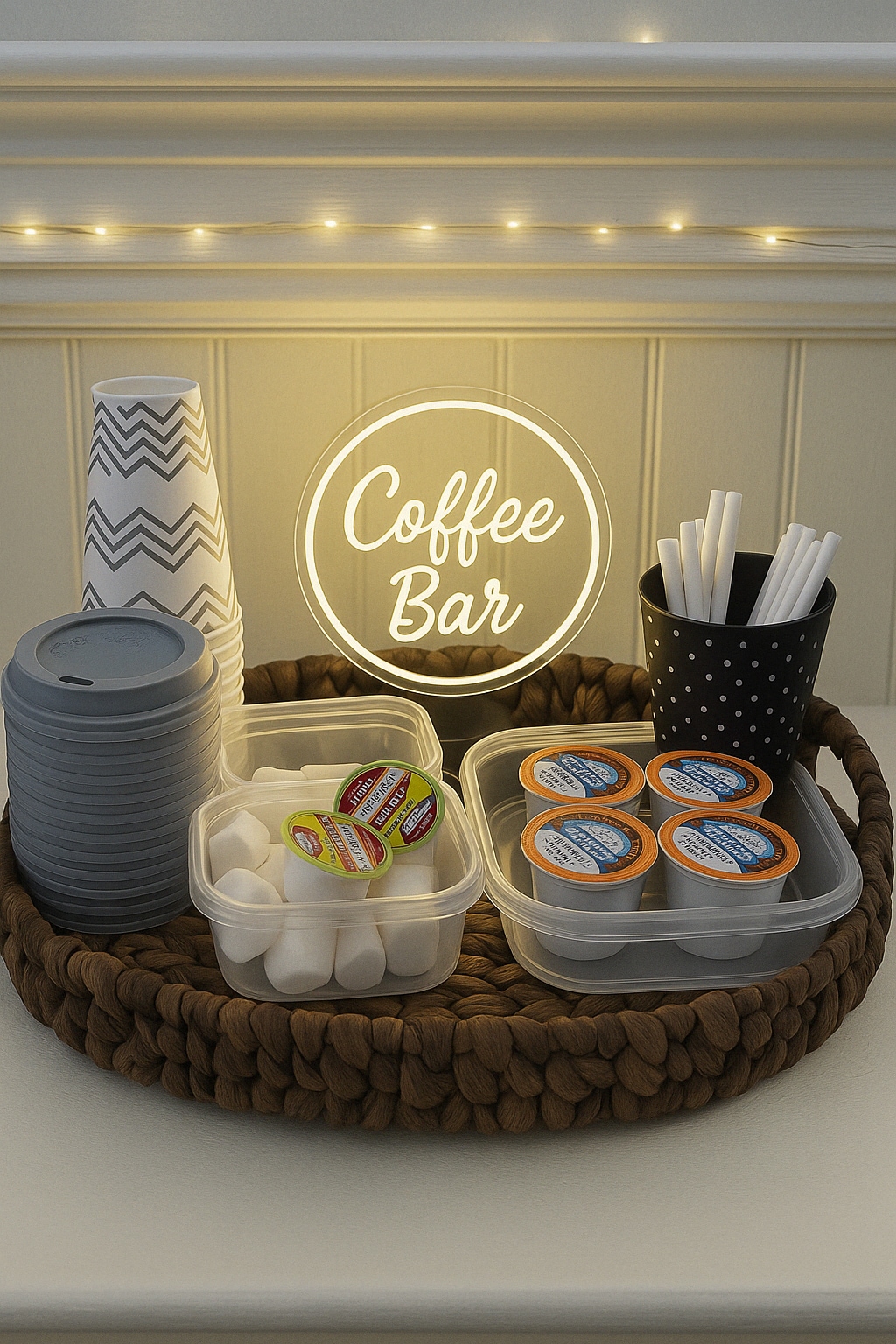A coffee bar setup is presented in an inviting display. Clear storage containers hold marshmallows and coffee pods, while disposable cups and lids are neatly arranged. A black cup containing straws adds to the convenience, with a softly illuminated sign displaying 'Coffee Bar' in warm light.
