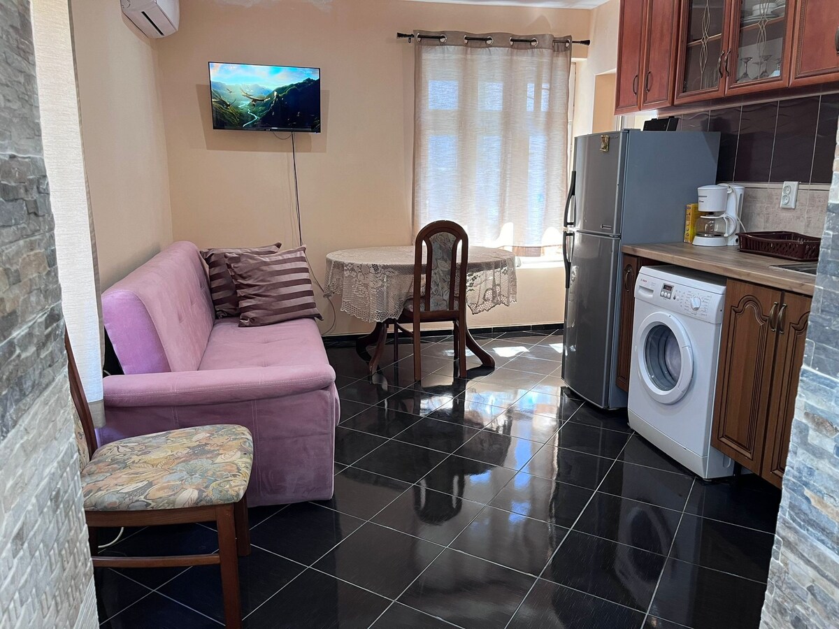A compact living area features a pink sofa with decorative cushions, a small round dining table, and a gray refrigerator. A washing machine is positioned next to the kitchen cabinetry. Natural light enters through large windows, complemented by light-colored curtains and tiled black flooring.