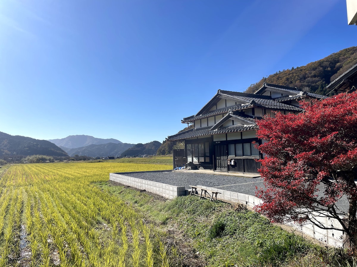 A traditional Japanese house is situated amidst lush rice fields, with rolling mountains in the background. A red-leafed tree adds a touch of color to the landscape. Clear blue skies create a serene atmosphere, highlighting the peaceful rural setting.