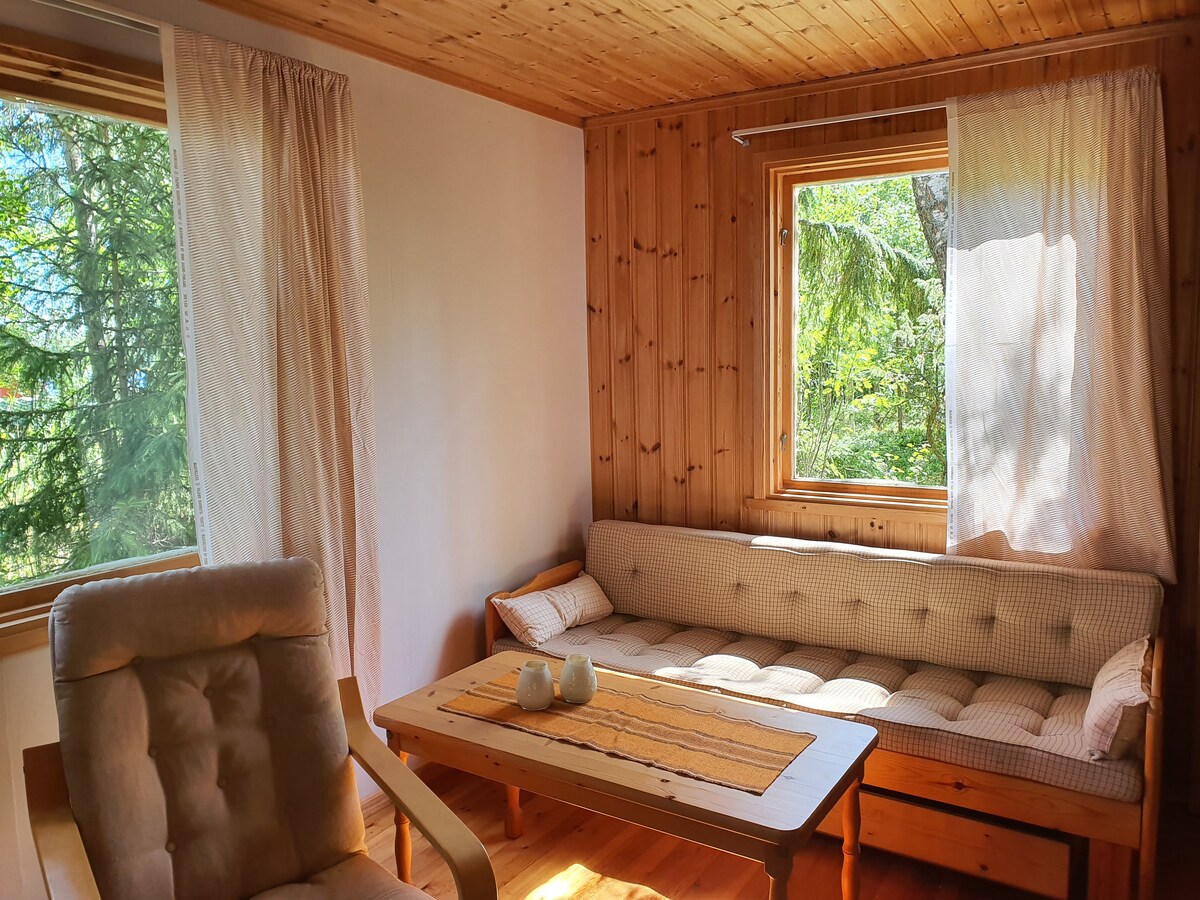 A cozy living area is illuminated by natural light from two window openings, framed by light curtains. A simple wooden table is positioned at the center, complemented by a light-colored seating arrangement against the wall.