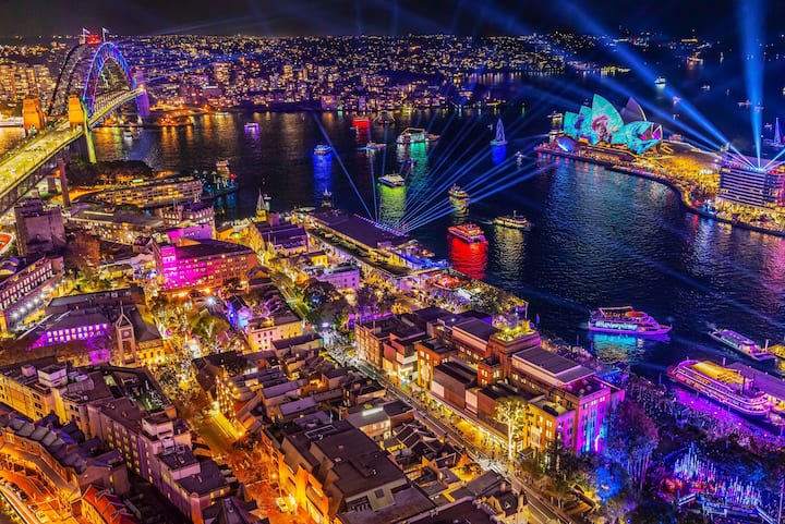 The spectacular Vivid light festival viewed from the shared recreation area on level 23.