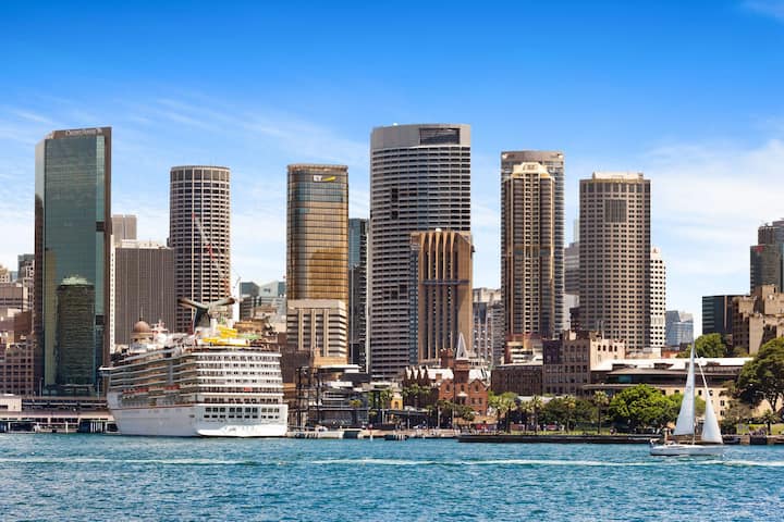 Looking back at The Rocks precinct from the harbour.