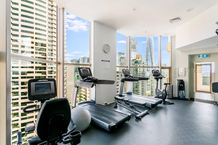 Wake up early and see the sunrise hit the amazing city skyline while working out.