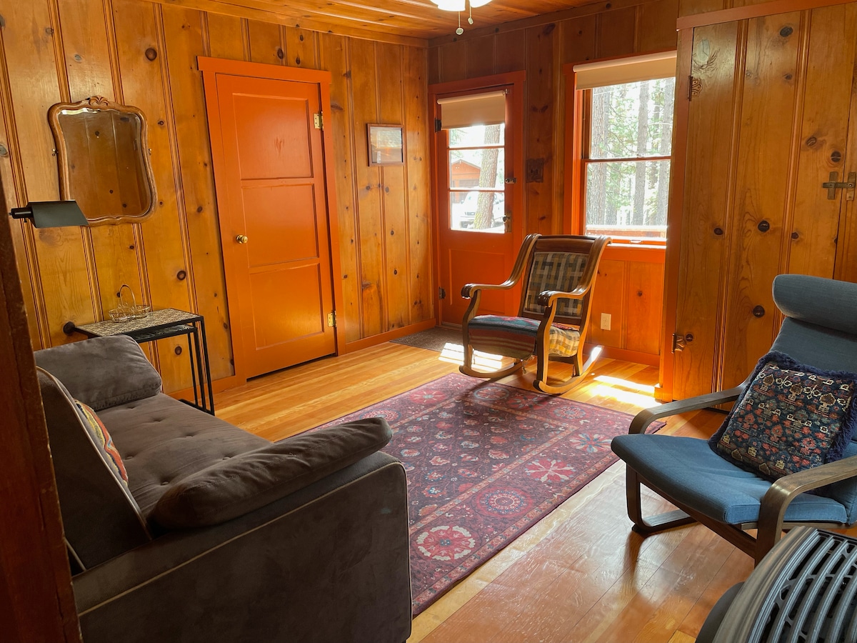 Our sweet studio has a living room with sofa sleeper and a Murphy bed that pulls down from the wall. 