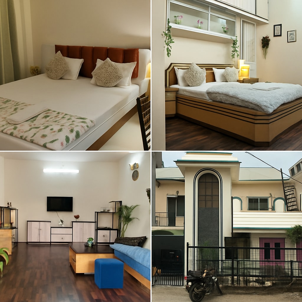 The image showcases two bedrooms featuring spacious beds with decorative pillows and soft linens. Natural light fills the rooms, highlighting the warm wood flooring. A living area is visible with a large flat-screen TV and stylish furniture, complemented by aesthetic décor. The exterior of the villa is depicted with a modern design.