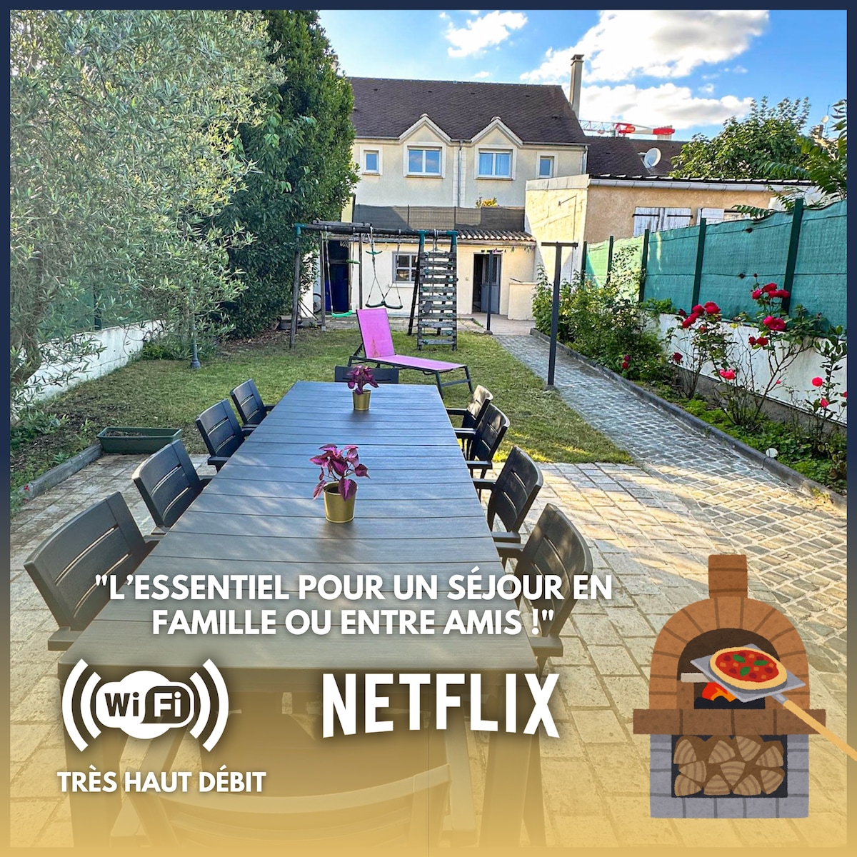 A spacious outdoor area is presented, featuring a long dining table with multiple chairs, ideal for gatherings. A barbecue is available alongside lush greenery. A colorful swing set and a wooden oven are visible, creating a welcoming space for relaxation and outdoor meals.