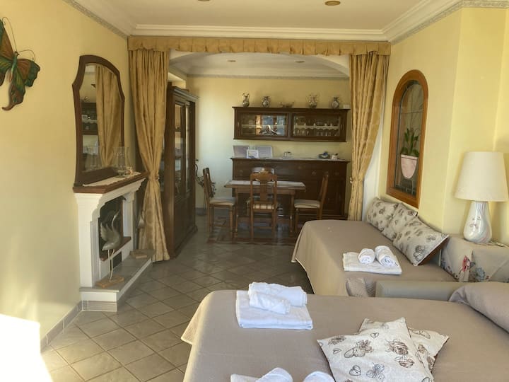 მისაღები ორადგილიანი დივან‑კარით და დამატებული 1 ერთადგილიანი საწოლი 