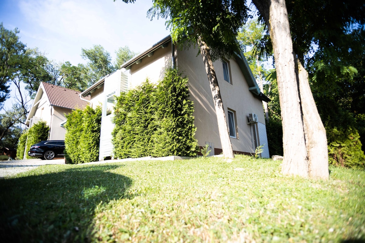 A two-story house is surrounded by well-maintained greenery, featuring tall hedges and a grassy area in the foreground. The structure's light-colored exterior is complemented by a tiled roof, with a few windows reflecting the natural light. A driveway leads to a parked vehicle nearby.