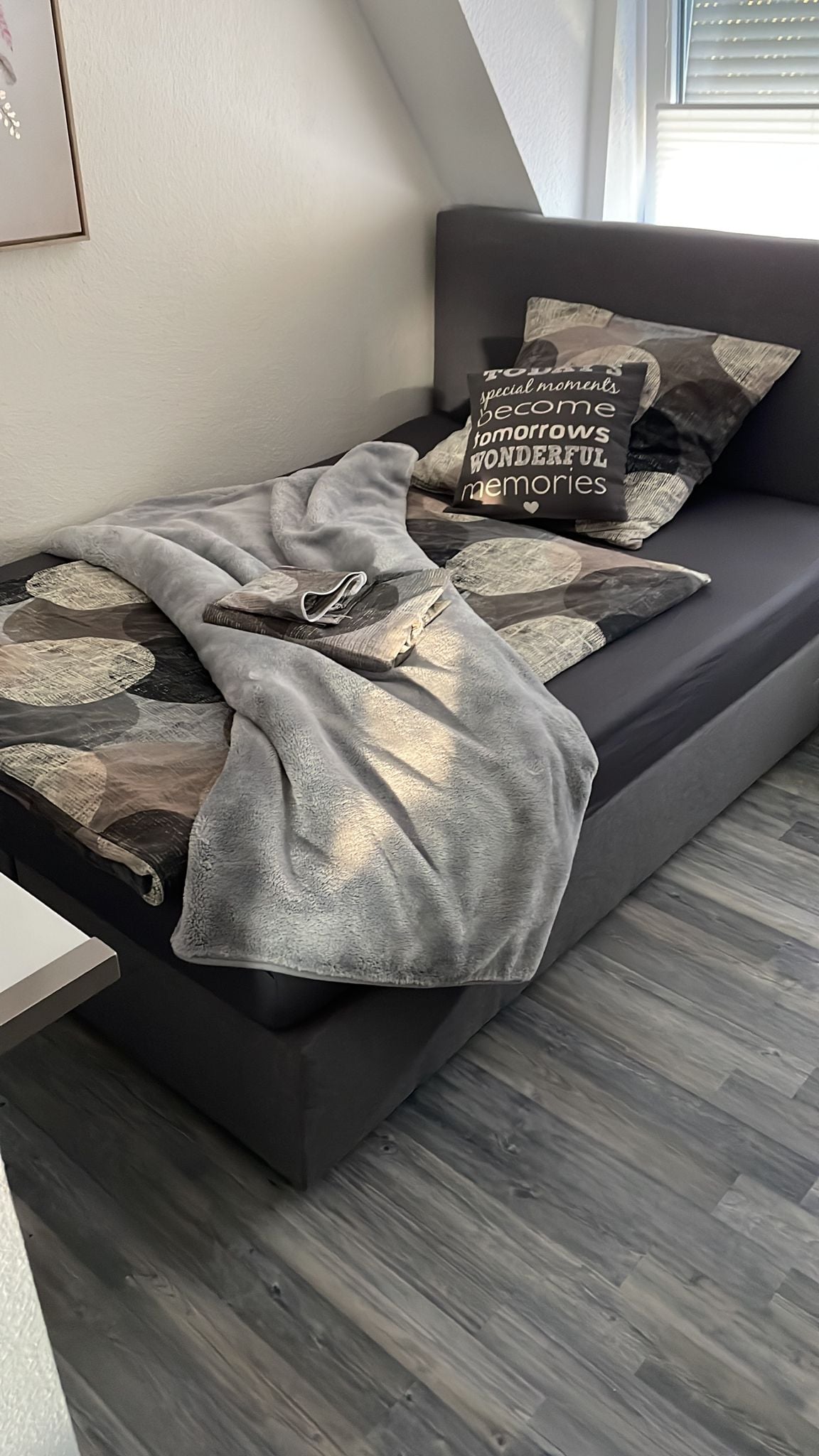 A compact sleeping area features a dark sofa bed adorned with decorative pillows in various patterns. A soft throw blanket is casually draped over the sofa. Light filters in from a nearby window, illuminating the textured flooring.