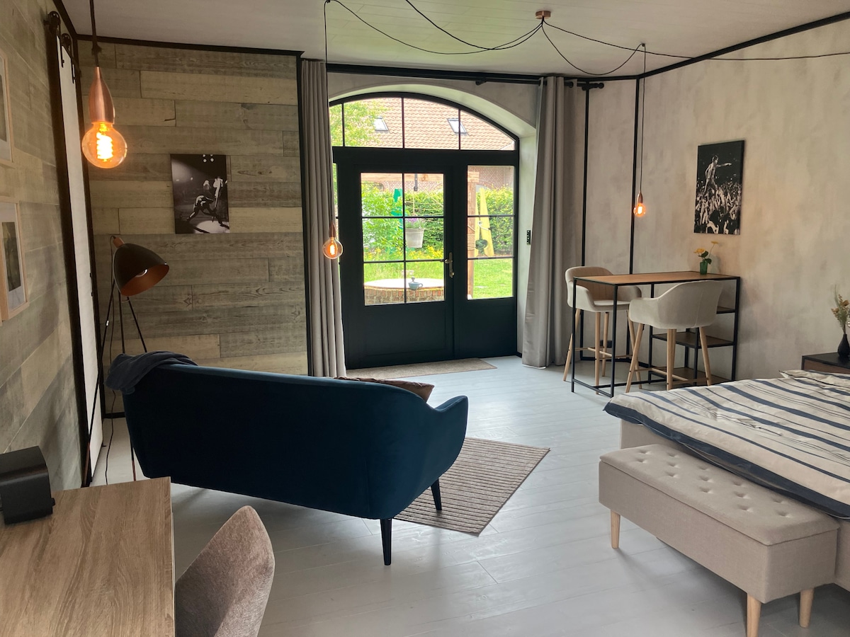 A contemporary studio space is depicted with a blue sofa and a comfortable bed adorned with striped linens. Natural light enters through large glass doors, revealing a view of the outdoor greenery. Simple dining furniture is evident, with a desk positioned nearby.