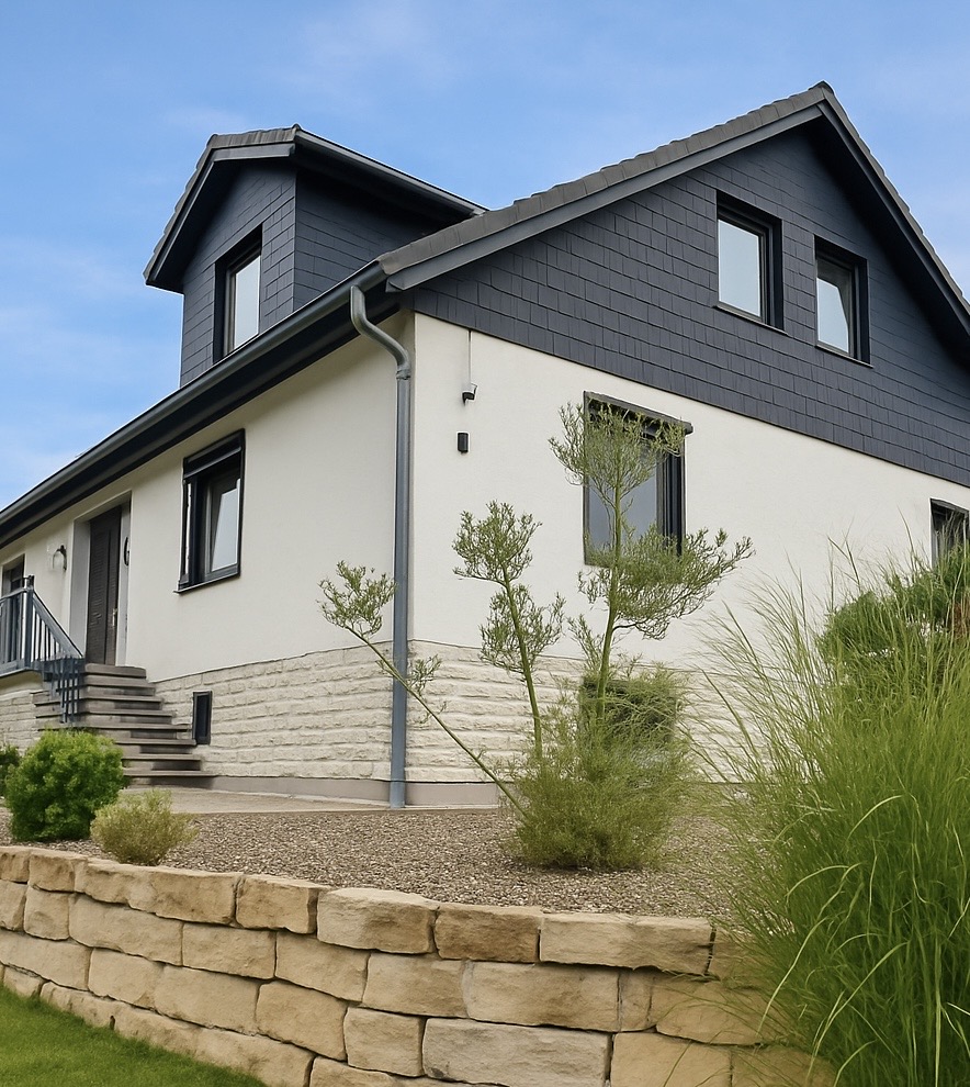The exterior of the house is depicted, showcasing a two-story structure with a dark gray roof and light-colored walls. A landscaped garden with low shrubs and stones is visible in the foreground, and several steps lead to the entrance. Large windows reflect the surrounding environment.