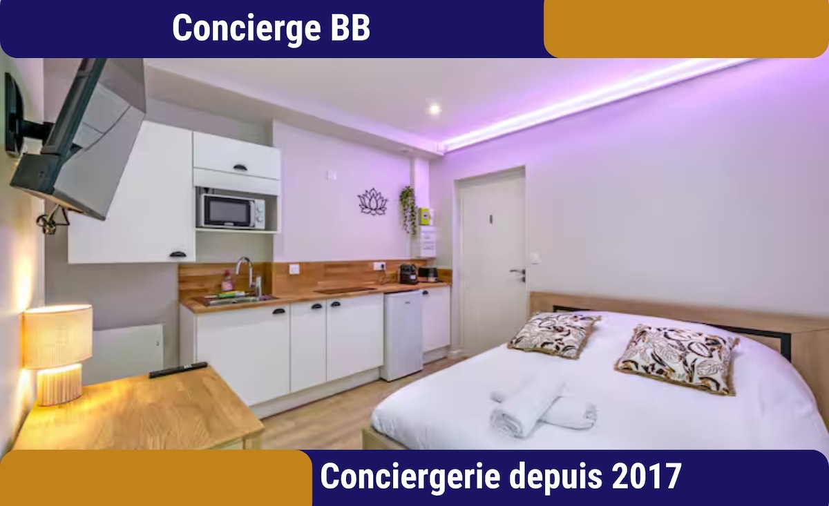 A modern studio is presented, featuring a spacious bed adorned with two decorative pillows. A well-equipped kitchen area is visible, offering sleek cabinetry and essential appliances. Warm lighting complements the neutral tones, enhancing the cozy ambiance.