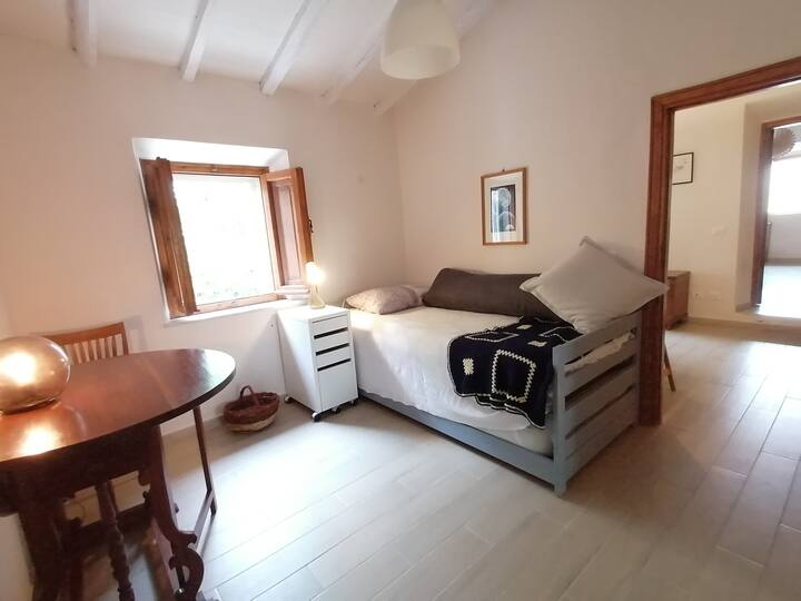 Ოთახი დასაკეცი საწოლით, რომელიც შეიძლება გადაკეთდეს 2 ერთადგილიან საწოლად