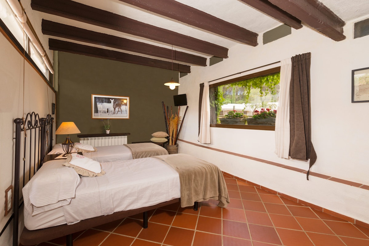 The room features twin beds positioned under exposed wooden beams. Natural light filters through a large window adorned with curtains, offering views of the surrounding greenery. A warm lamp illuminates the space, complementing the rustic tile floor and neutral-toned bedding.