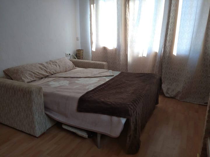 Sofá cama abierto. Está en el apartamento. 