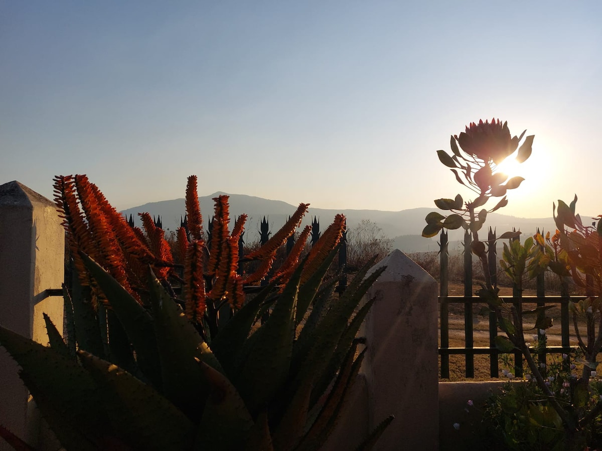 A scenic view from the property showcases vibrant plants in the foreground, including beautiful succulents and blooming flowers. The sun sets on the horizon, illuminating distant mountains and valleys, creating a tranquil atmosphere in the landscape.