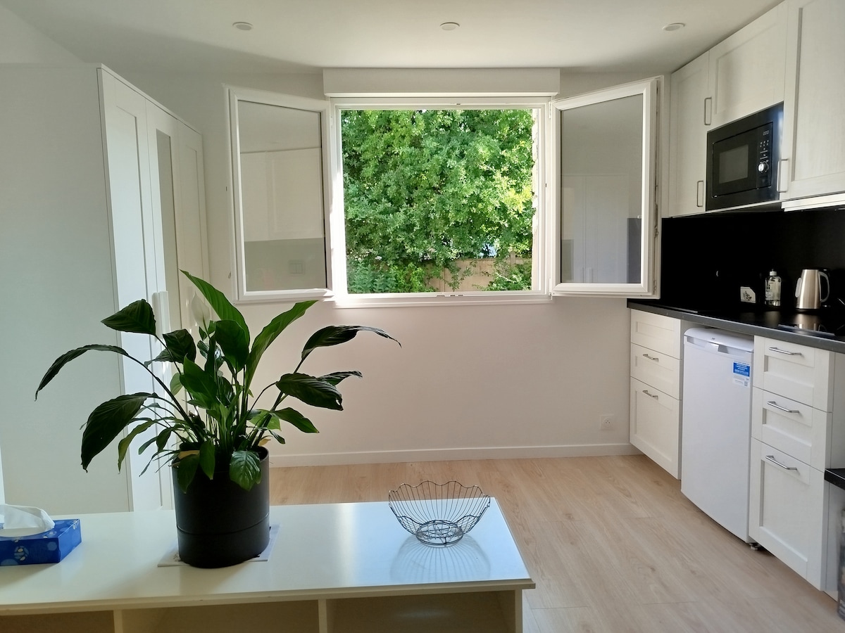 A bright, modern kitchen area features ample cabinetry and a microwave. A large window allows natural light to fill the space, offering a view of greenery outside. A potted plant and a fruit bowl on a countertop enhance the inviting atmosphere.