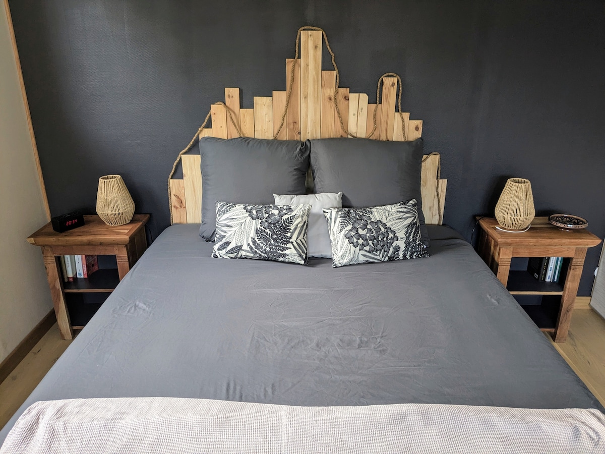 A spacious bed with a wooden headboard is surrounded by two wooden nightstands. Each nightstand holds a decorative lamp and a small stack of books. The bed is adorned with dark grey bedding and patterned throw pillows, against a contrasting dark wall.