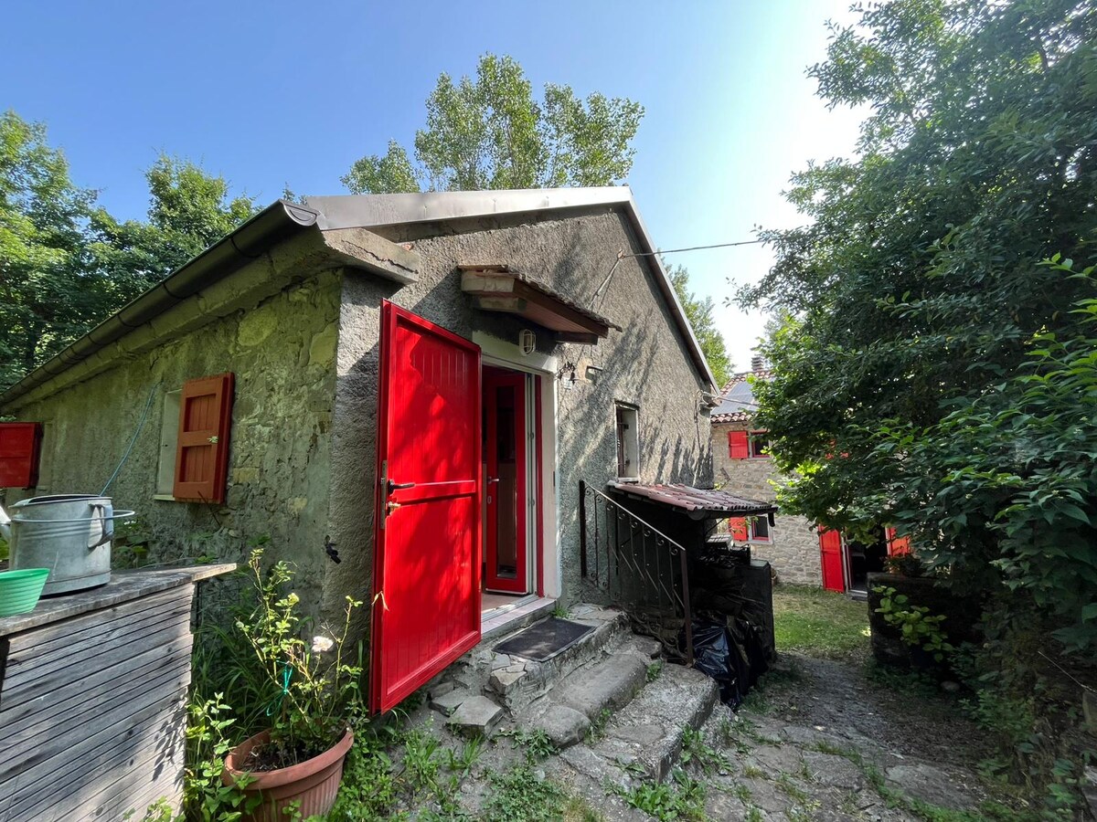 A rustic building features a stone exterior with bright red doors and window shutters. Steps lead to the entrance, flanked by greenery and potted plants, contributing to a natural and welcoming ambiance. Additional small structures can be seen in the background.