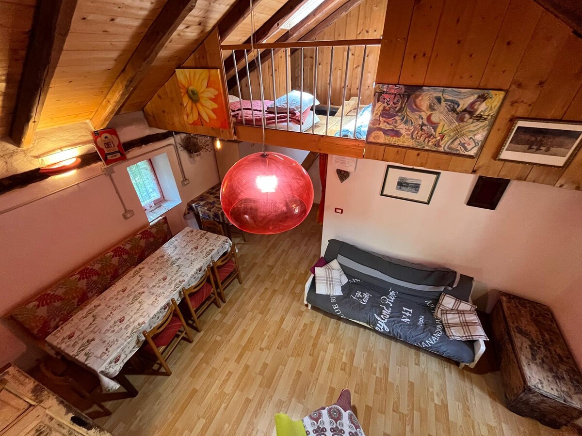 An open living area reveals a wooden ceiling with exposed beams and a large dining table set for six. Colorful artwork adorns the walls, while a bright pendant lamp hangs above. A cozy seating area is accented by a folded blanket draped over the sofa.
