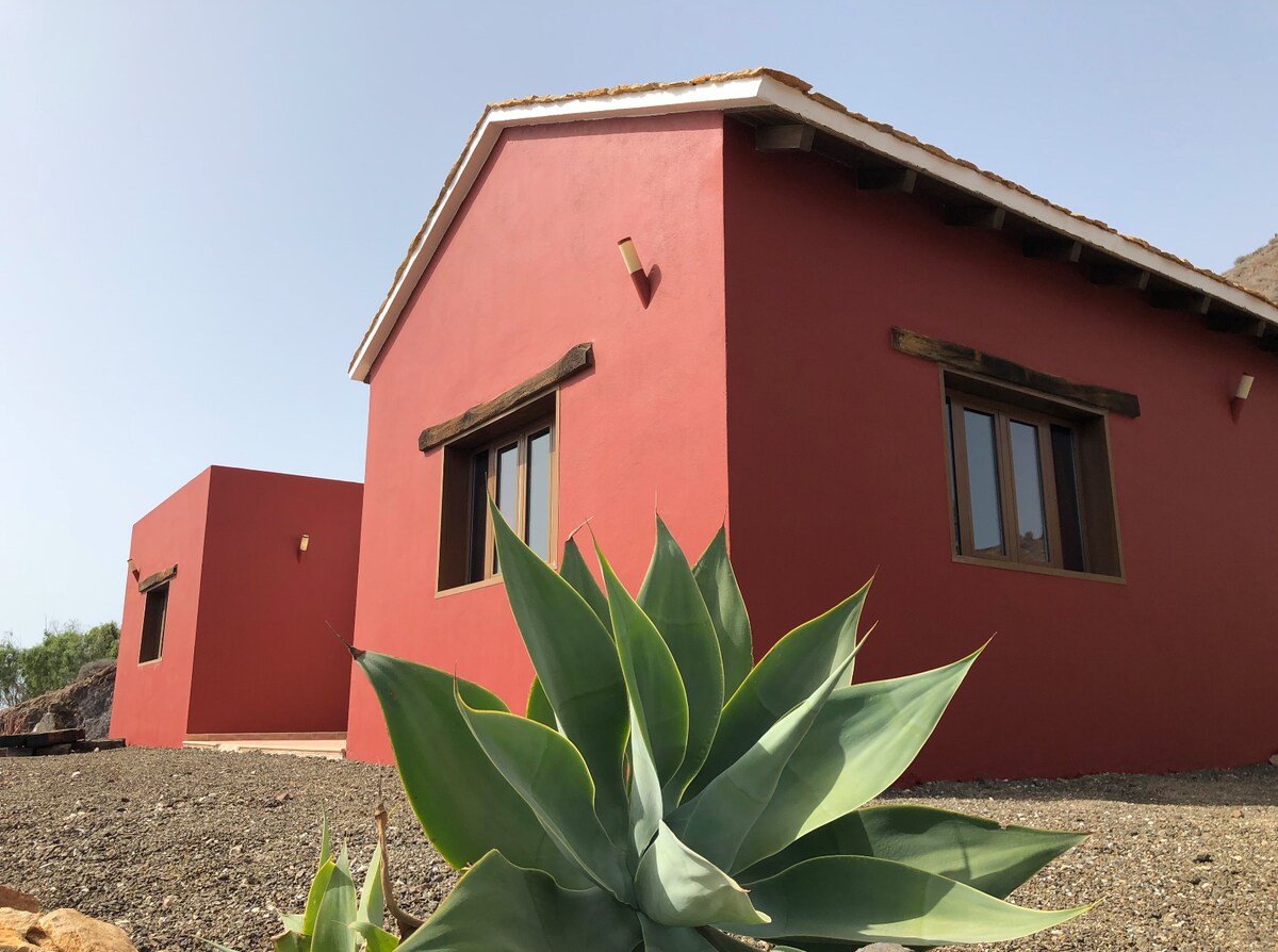 The exterior of a modern, red villa is highlighted by a lush green agave plant in the foreground. Large windows allow natural light to enter, emphasizing the home's inviting design. The surrounding landscape features a rocky terrain typical of the area.