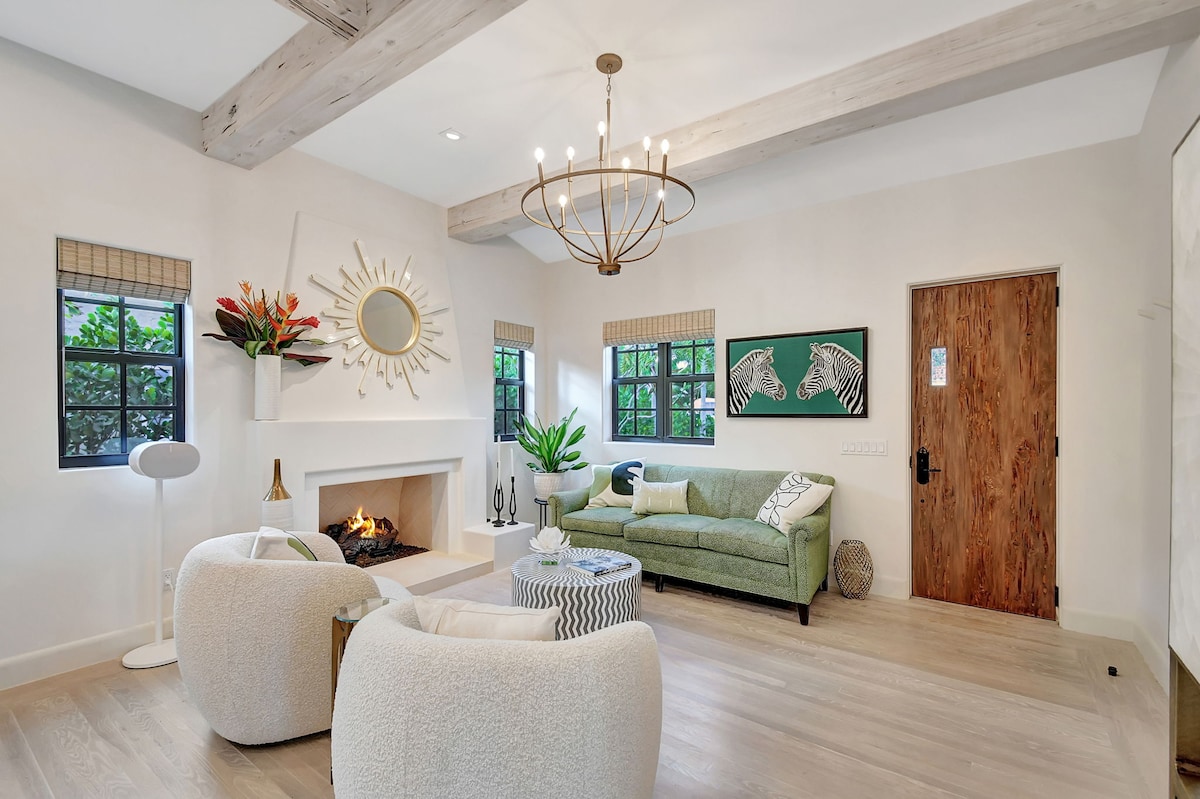 Perfect relaxation space with pecky cypress door and beams.