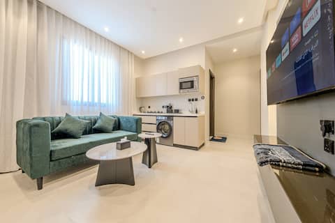 A107 Comfortable bedroom with shiny living room
