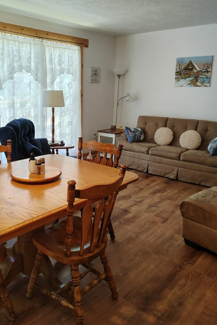 غرفة معيشة مع أريكة للنوم. كرسيان وتلفزيون ومدفأة كهربائية