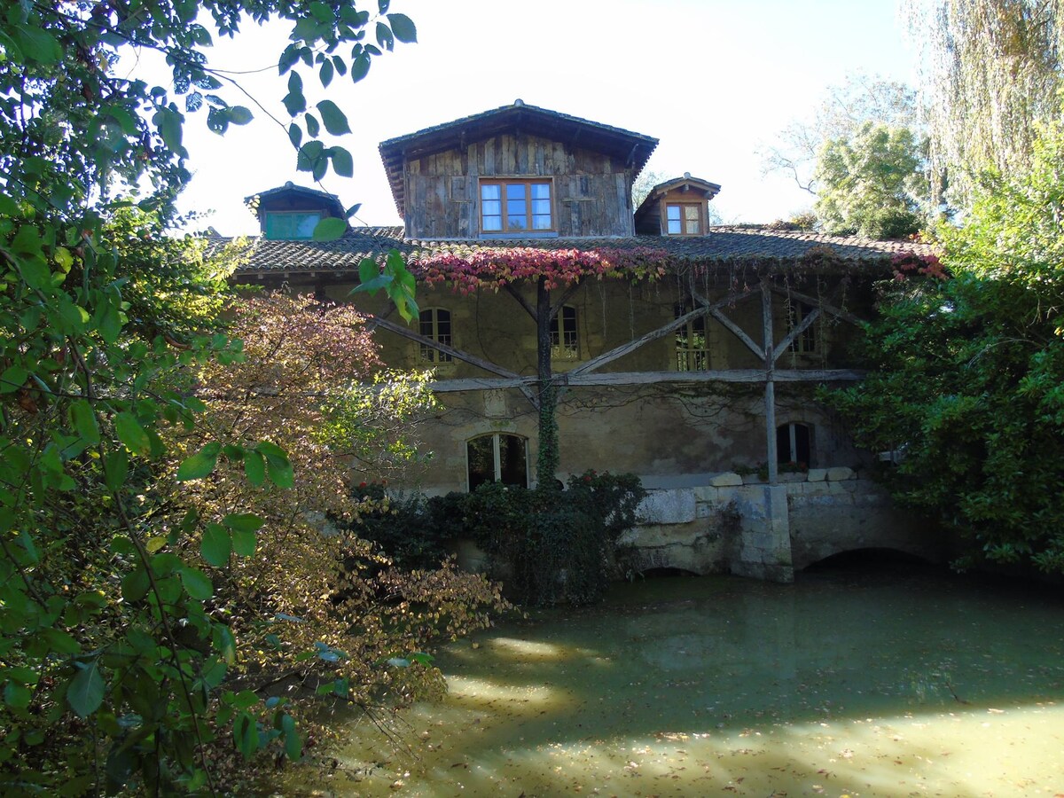 The historic watermill, dating back 800 years, is nestled among lush greenery, with vibrant foliage adorning its exterior. A serene waterway runs beneath the building, reflecting the surrounding nature. Windows framed by wooden beams provide a glimpse of the charming architecture from the riverside.