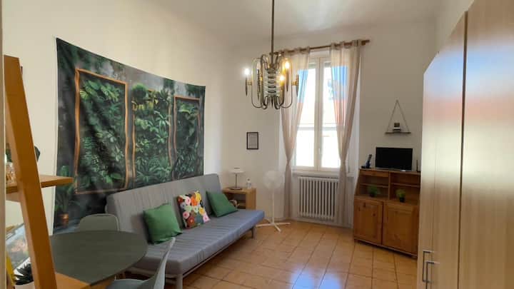 明亮的客厅–沙发版沙发
「城市丛林」绿墙、带彩色枕头的舒适沙发、圆桌，可供办公或用餐。 大窗户全天自然光线充足。