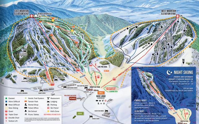 A detailed ski trail map of Granby Ranch illustrating the layout of East and West Mountains. Color-coded paths indicate varying difficulty levels, with additional markings designating the location of the base lodge and night skiing areas. Surrounding terrain features and elevation changes are also highlighted.
