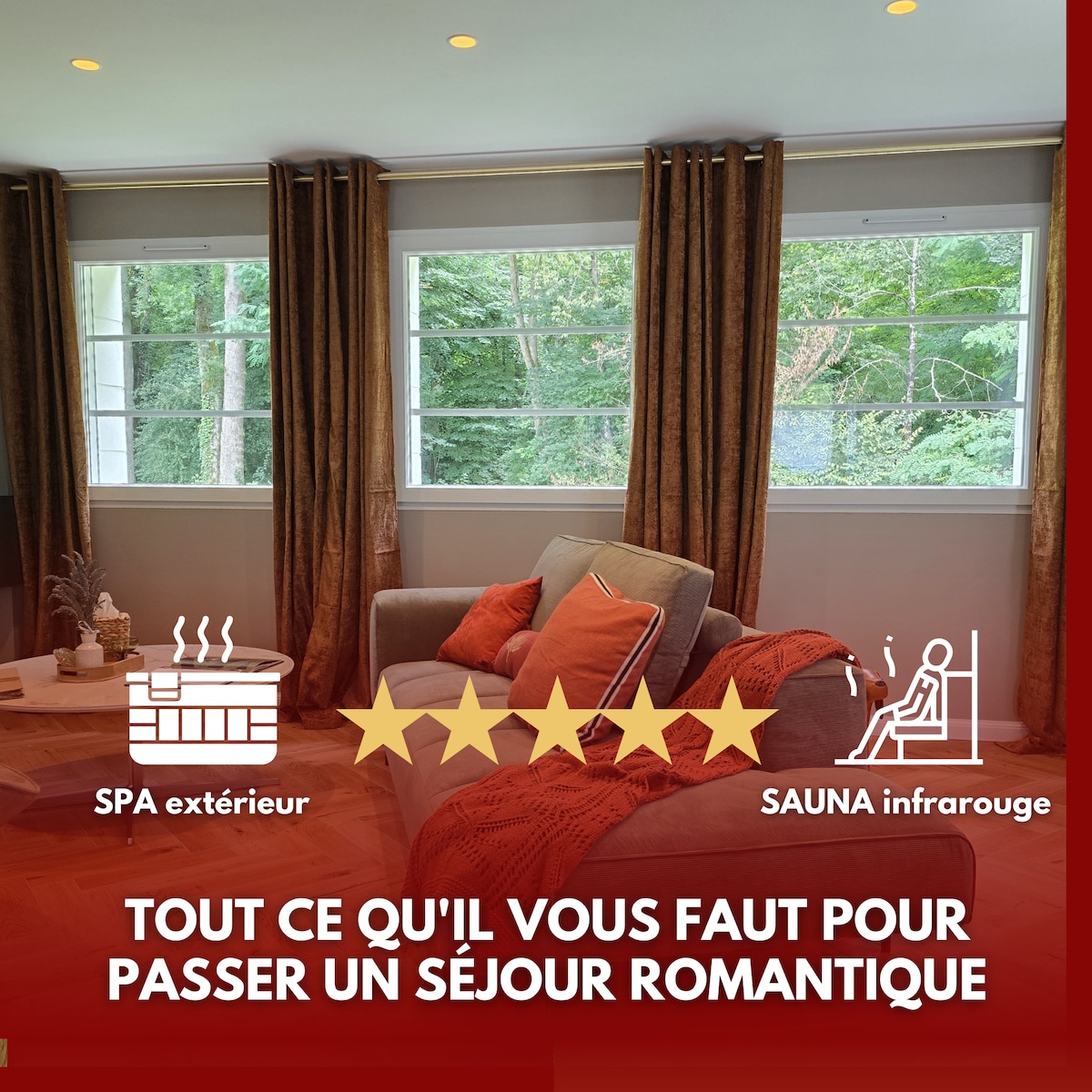 A cozy seating area features plush sofas adorned with warm-toned cushions, with large windows drawing in natural light and offering views of the surrounding greenery. A spa and infrared sauna symbol are displayed, emphasizing the focus on relaxation and wellness.