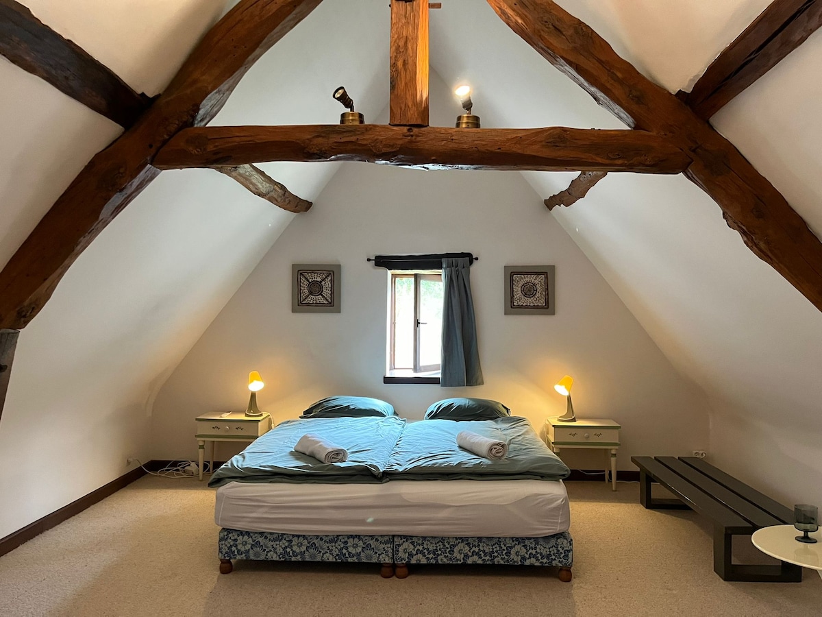Prekrasna prostrana spavaća soba ispod krova. Krevet se može namjestiti kao bračni krevet (dva odvojena kreveta) ili kao dva odvojena kreveta 90x200. Obavijestite nas unaprijed. Ova prostorija ima klima-uređaj (toplo/hladno)