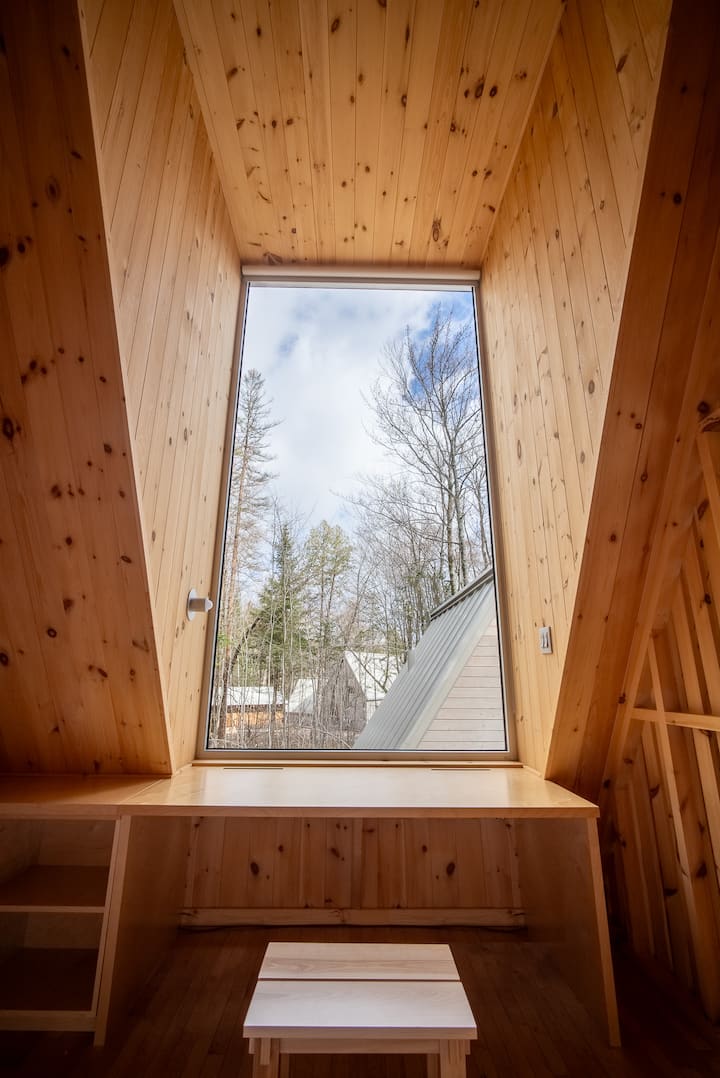 מרחב משרדי המשקיף על העצים.