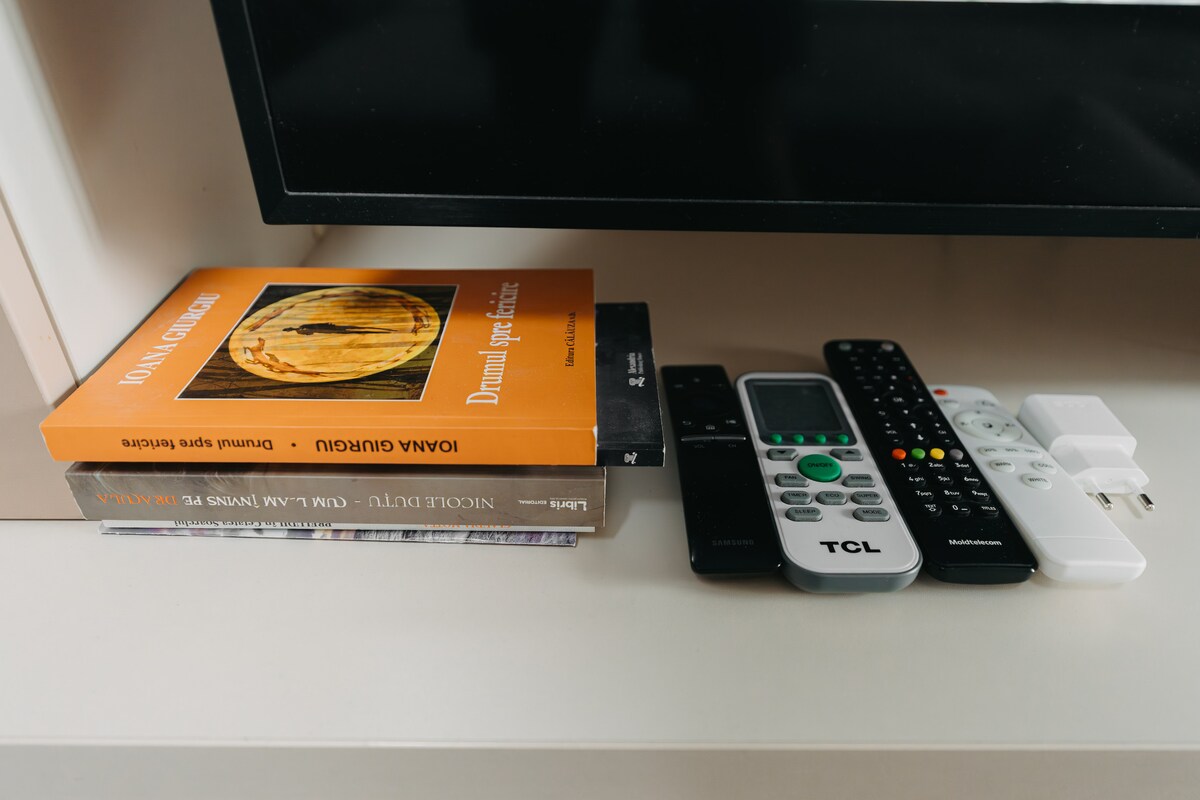 A collection of books and remote controls is arranged on a surface beneath a television. The top book features an orange cover, while two other books are visible underneath. Various remote controls are placed alongside a phone charger, creating a functional entertainment space.