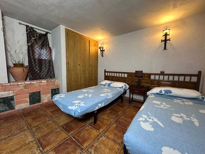 Dormitorio 7 con dos camas individuales y chimenea de ladrillo: cálido y original.