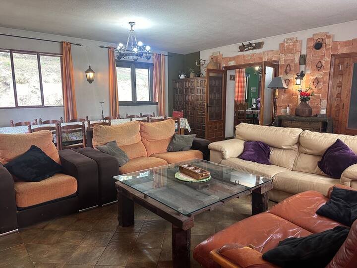 Salón con sofás, mesa de centro y aparador rústico: espacioso y acogedor.