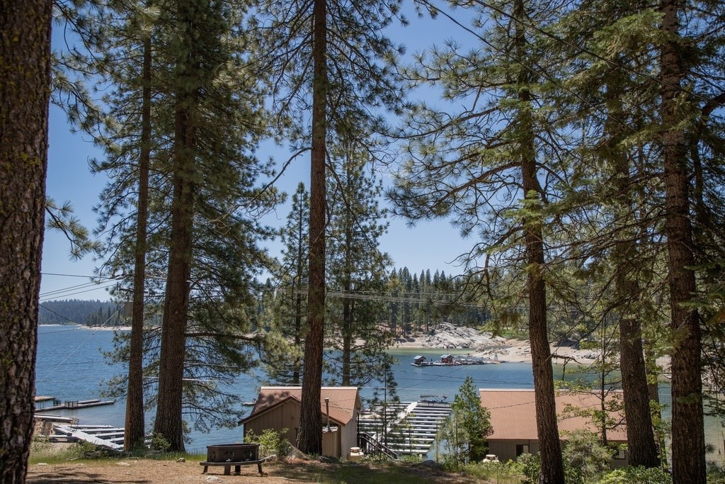 Tall pine trees frame a serene view of Shaver Lake, where calm waters reflect surrounding greenery. Wooden docks are visible offshore, with a few boats gently moored. A cabin can be seen nestled among the trees, showcasing a natural, tranquil setting.