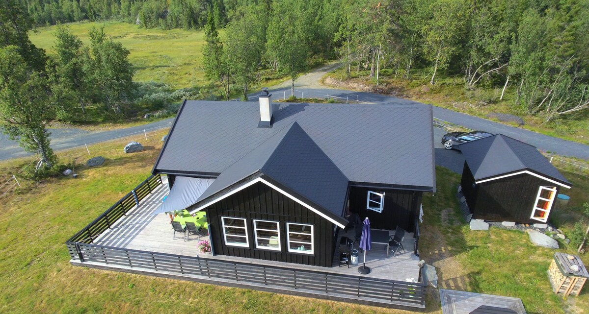 The exterior of a stylish black mountain cabin is shown, featuring a spacious deck and a well-maintained yard. Surrounding vegetation and trees provide a natural backdrop, while a separate outbuilding is visible nearby. The roof's geometric design complements the overall architecture.