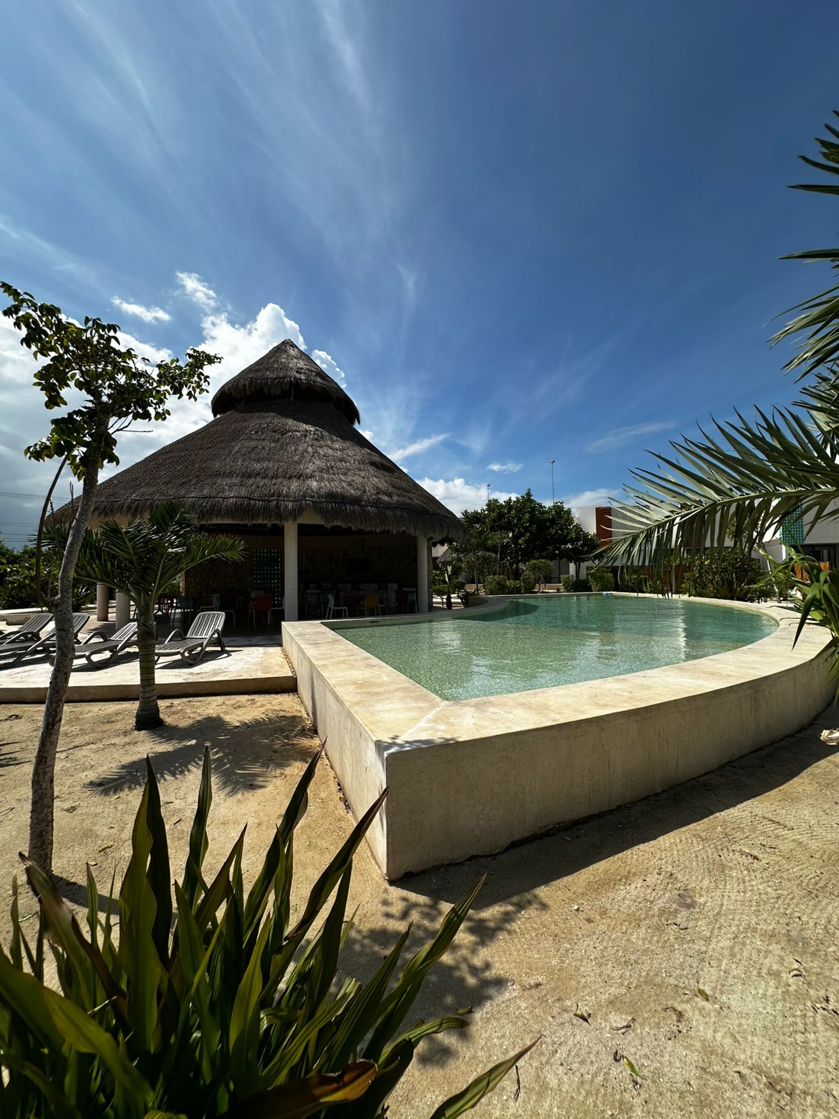 A private pool is surrounded by a natural stone edge, reflecting the clear sky above. A thatched-roof structure is positioned nearby, providing shaded seating. Lush greenery and palm plants frame the area, contributing to a serene outdoor environment.